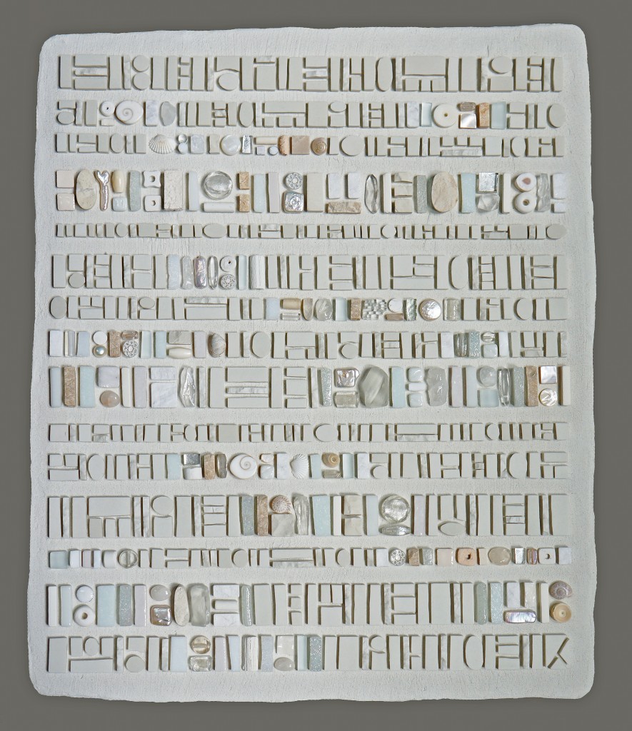 Sonia King, Coded Message: Note in Invisible Ink, 2012, Glass, ceramic, white gold, smalti, quartz, silver, marble, rock crystal, seashell, pearls, aluminum, selenite, abalone, pebbles, stainless steel, bone, coral, fluorite, dinosaur bone, mirror applied without visible adhesive on to a hand-formed substrate