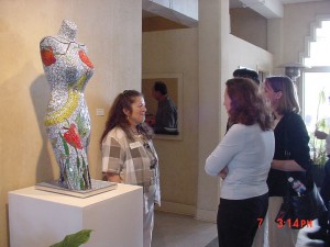 Artist with "Eve".  mannequin, stained glass