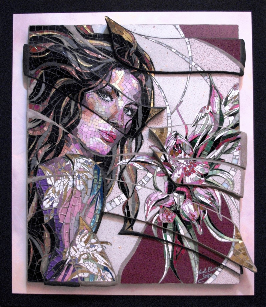 Carole Choucair Oueijan, “Orchis Coriophora” M1, 2012, smalti, 24 karat gold smalti, millefiori, iridescent tile, Vitrium glass tile, crystallino, and mother of pearl