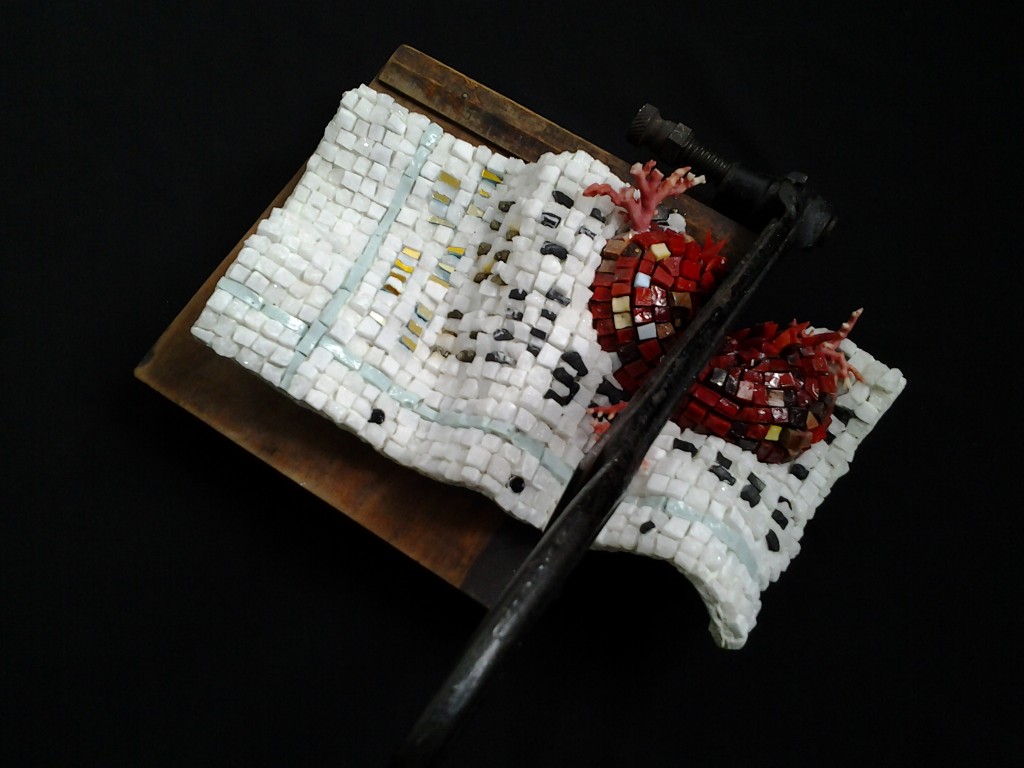 2014 Juror’s Choice: Reginald C. Adams. Gwyn Kaitis, You Bitch!, 2012, Bas relief, hand formed substrate, smalti, marble, gold, coral, glass, vintage wooden and metal paper cutter