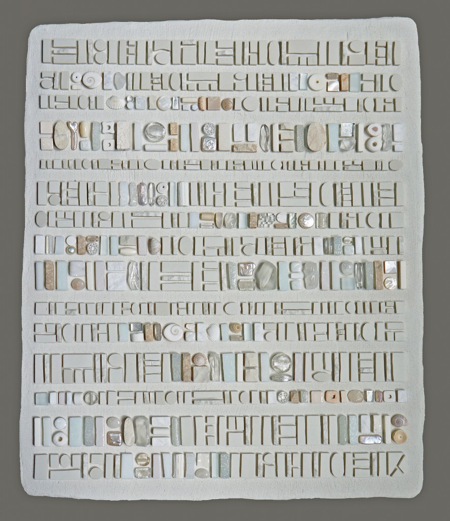 Sonia King, Coded Message: Note in Invisible Ink, 2012, Glass, ceramic, white gold, smalti, quartz, silver, marble, rock crystal, seashell, pearls, aluminum, selenite, abalone, pebbles, stainless steel, bone, coral, fluorite, dinosaur bone, mirror applied without visible adhesive on to a hand-formed substrate