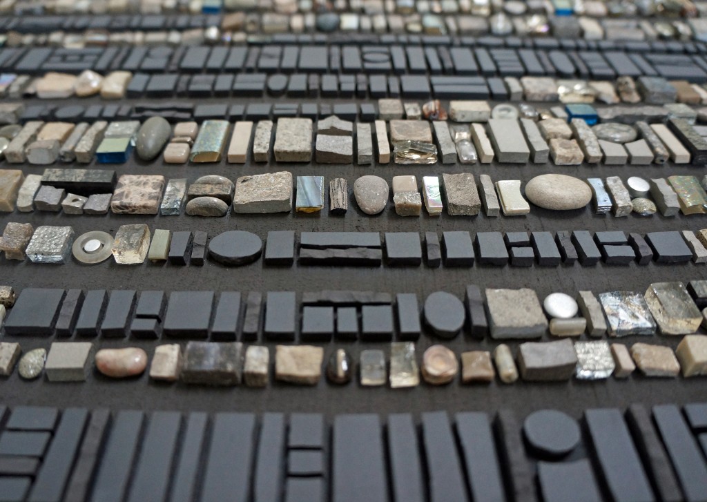 Sonia King, Coded Message: Dark Secret - detail, 2014, Glass, ceramic, shells, golds, smalti, bone, fossils, pebbles, aluminum, laminate, pearls, coral and abalone applied without visible adhesive on to a hand-formed substrate