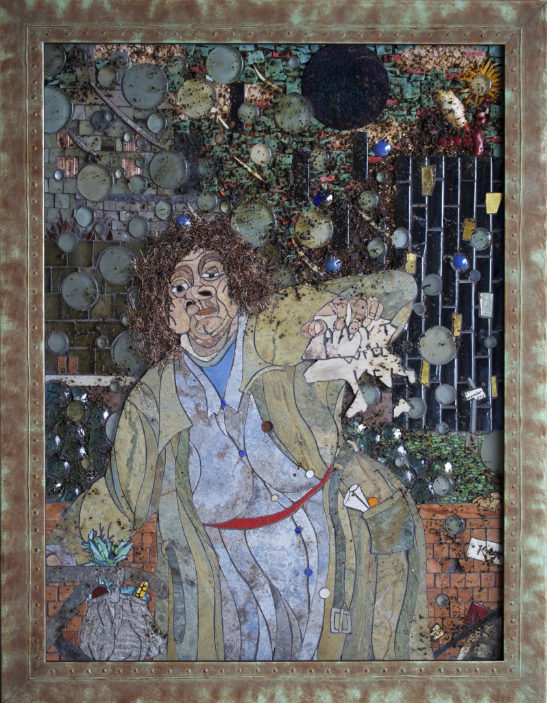 2014 Technical Achievement. Brooks Tower, The Valley, 2013, Sawn marble, travertine, limestone, quartzite slate, and porcelain; glass, smalti, gold smalti, copper wire, coral, ceramic figure and plate, carbonized sugar, dirt, crushed travertine