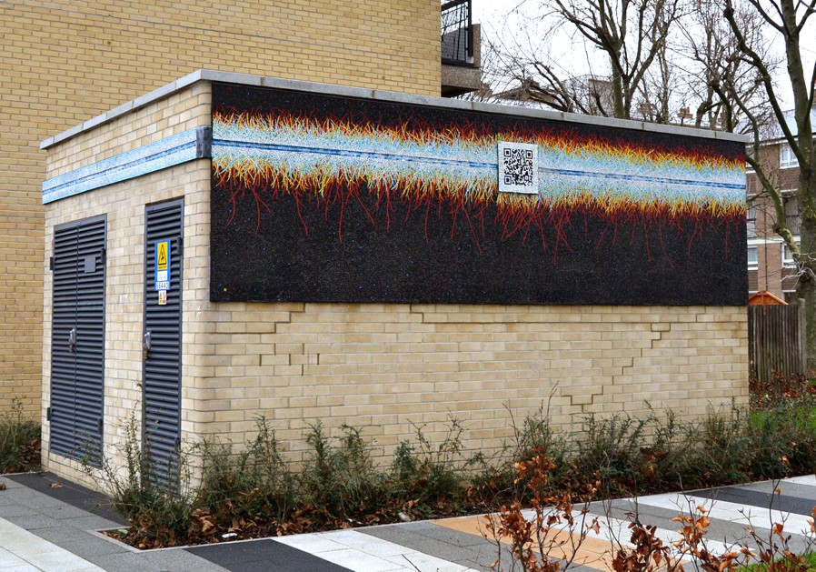 2014 Contemporary Innovation, Gary Drostle, Electron Flow, 2013, Venetian glass smalti, transparent smalti, unglazed ceramic, electro-effervescent light tape. Installation Location: Burcham Street, London, UK